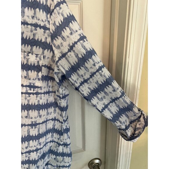 Emily Daniels Blue White Blouse Tunic Top Linen Blend Large Coastal Summer Prep - Picture 5 of 9